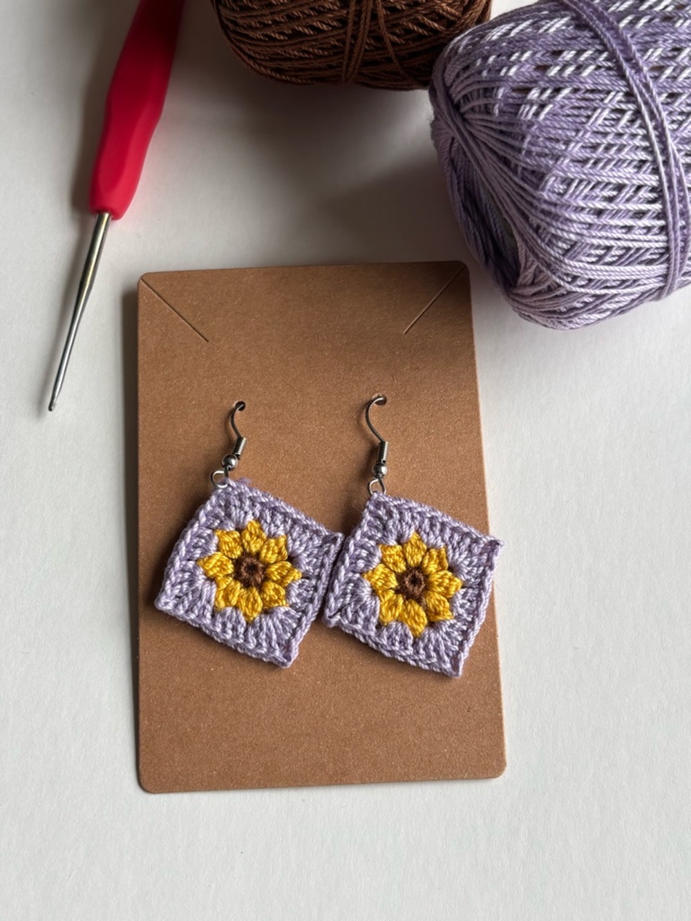 Handmade Crochet Sunflower Earrings in Lavender and Mustard